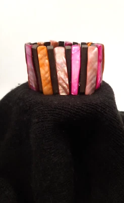 Pink Mother of Pearl Abalone Teak Spacers Stretch Bracelet Cuff Beach Life Boho - Image 1 of 4