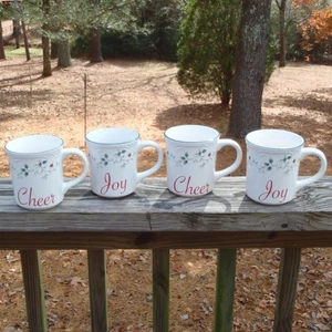 SET of 4 Pfaltzgraff WINTERBERRY Holiday Joy and Cheer 12 Oz MUGS Holly Berries - Picture 1 of 6