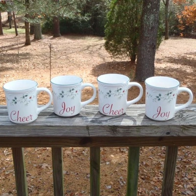 SET of 4 Pfaltzgraff WINTERBERRY Holiday Joy and Cheer 12 Oz MUGS Holly Berries - Image 1 of 4