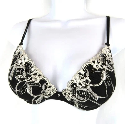Sujetador push up acolchado floral de encaje blanco y negro Daisy Fuentes para mujer talla 36A Foto 1 de 4