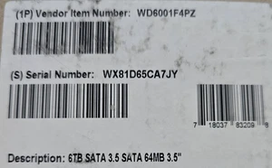 WD ENTERPRISE CLASS 6TB 3.5" 7.2K SATA WD6001F4PZ Data Center Hard Drive - Picture 1 of 1
