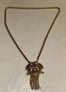 Vintage FLORENZA Ornate Fringe Tassel Chain Necklace Gold tone Filigree Fringe - Picture 1 of 3