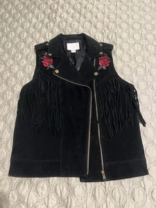 Wildleder Fransen Weste schwarz Western Rose bestickt Gr. M - Bild 1 von 8
