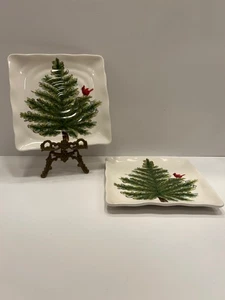 Set (2) Maxcera "Kardinalsbaum" Weihnachten quadratischer Teller handbemalt ohne Borte! - Bild 1 von 10