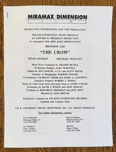 The Crow Movie PRESS KIT PRODUCTION INFORMATION - 31 PAGES - BRANDON LEE - Picture 1 of 3
