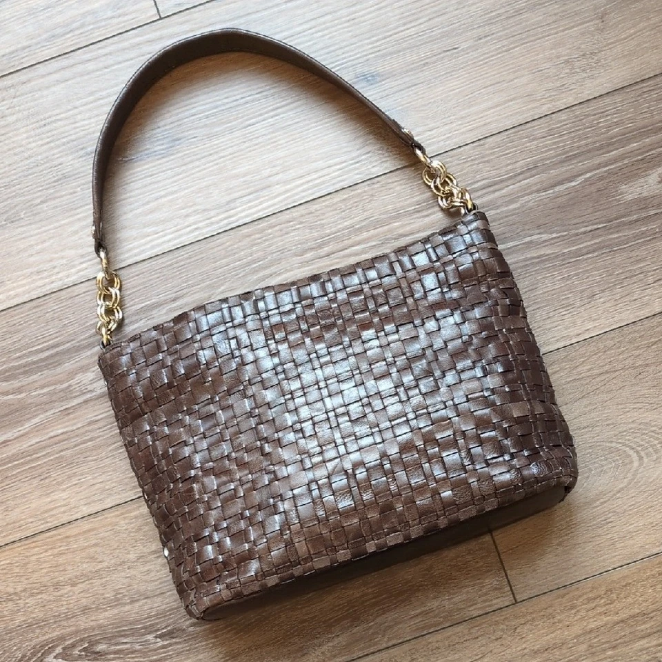 Elliott Lucca Chocolate Brown Woven Soft Leather Shoulder Purse Gold Hardware - Image 1 of 4