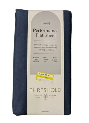 Threshold Twin XL Flat Sheet 400TC Cotton Sateen Blue Performance Bleach Friendl - Image 1 of 3