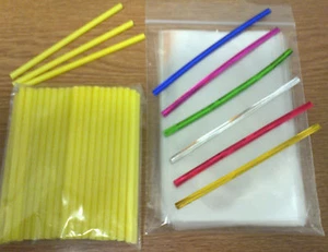 50 x 89mm YELLOW PLASTIC LOLLIPOP STICKS CAKE POP KIT INCLUDES BAGS & TWISTTIES - Picture 1 of 8