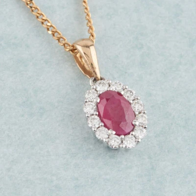 Ruby Diamond Cluster Pendant and Chain 9ct Yellow Gold - Image 1 of 4