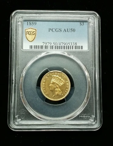 1859 $3 Indian Princess Head Gold Coin PCGS AU50 #8024 Cover