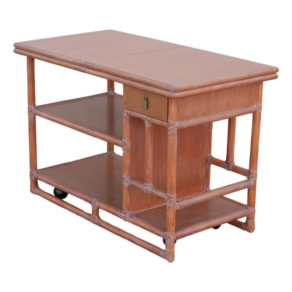 Authentic Marked McGuire Bamboo Rattan Rolling Sliding Adjustable Top Server MCM - Image 1 of 4