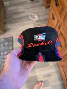 Vintage '90s Houston Rockets Sawtooth Snapback Hat Cap Black Red NBA - Bild 1 von 8