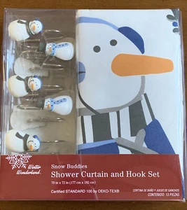 Snow Buddies Shower Curtain & 12 Snowman Hook Set Winter Wonderland 70" x 72"  - Picture 1 of 7