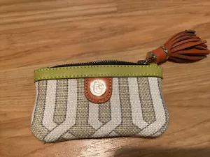 Spartina Zip Top Coin Purse Tan White Natural Linen Green Orange Leather - Picture 1 of 4