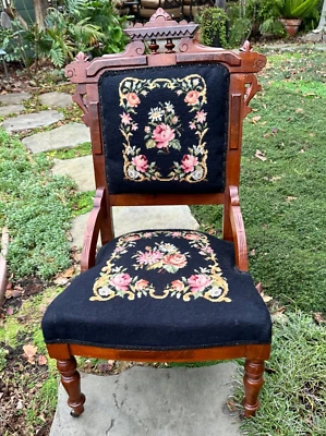 Antique Victorian Eastlake Carved Wood Parlor Needlepoint Side Chair on Casters - Image 1 of 4