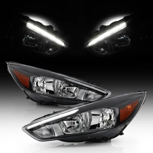 2015 2016 2017 2018 Ford Focus Halogen w/LED DRL Black Headlights Left+Right US - Picture 1 of 7