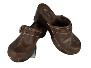 Women’s Outlook Clogs Block Heel Slip On Leather Brass Buckle Sz:8M - Picture 1 of 8