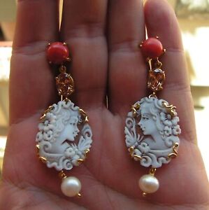 EARRINGS DROP ITALY CAMEO SHELL BY ITALY STERLING 50MM RED CORAL TOURMALINE 