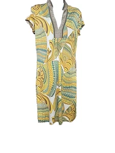 Trina Turk Yellow Silk Dress Silk Jersey Patterned Shift / Midi Short Dress 12 - Picture 1 of 9