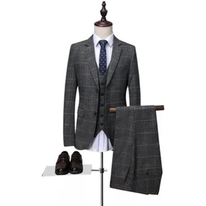 Abito smoking uomo grigio a quadri vintage tweed check sposo festa ballo matrimonio 3 pezzi - Foto 1 di 14