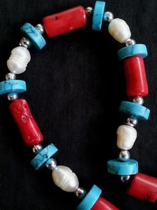 Vintage Coral, Pearl & blue Howlite necklace 58 grams - Picture 1 of 6