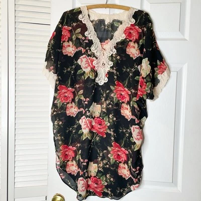Vestido Top Vintage Natori Floral Chifón Kimono Salón S Negro Multi Encaje Ribete Foto 1 de 4