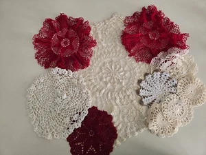 Lot 10 - Vintage Fancy Crochet Lace Doilies - Various Sizes - Red, White, Beige - Picture 1 of 16