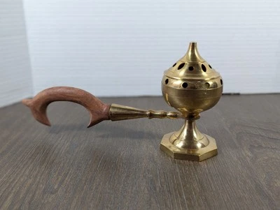 Vintage Brass Incense Burner with Wood Handle Cone Resin Burner Altar Shrine - Image 1 of 4