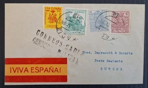 1937 Spain Civil War Censor Cover ties 4 Stamps cd Cadiz-Burgos - Picture 1 of 2