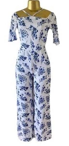 NWOT VENUS White Blue FLORAL JUMPSUIT 1X tall girl friendly - Picture 1 of 4
