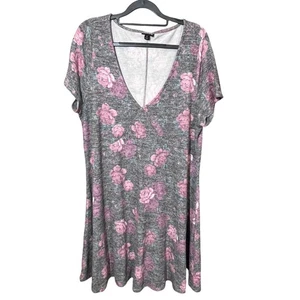 Torrid Gray Floral Print V-Neck Knit A-Line Short Sleeve Dress Woman's Size 1 - Picture 1 of 9