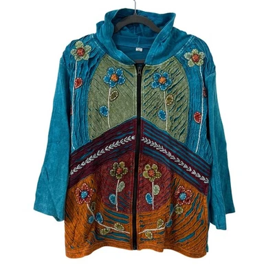 Chaqueta con Capucha Nepal Floral Patchwork Cremallera XXL Tie Dye Boho Hippie Bolsillo Artístico Foto 1 de 4