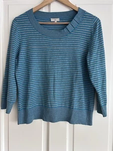 Country Casual Top L Petite Range Blue Grey Stripes 3/4 Sleeve - Picture 1 of 7