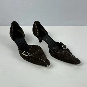 Prada Brown Suede D'Orsay Pumps Kitten Heels Buckle Pointed Toe Size 5.5 EU 35.5 - Picture 1 of 12