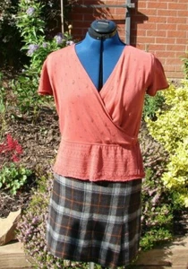 used size 12 Monsoon 70% silk,30% cotton dusky coral short sleeved wrap-over top - Picture 1 of 10
