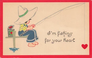 VINTAGE VALENTINE POSTCARD BOY FISHING FOR YOUR HEART 011723 S - Picture 1 of 2
