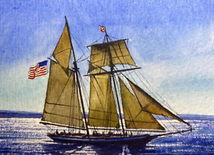 Watercolor Painting Ocean Seascape Sailboat American Flag ACEO Art No.250 - Picture 1 of 2