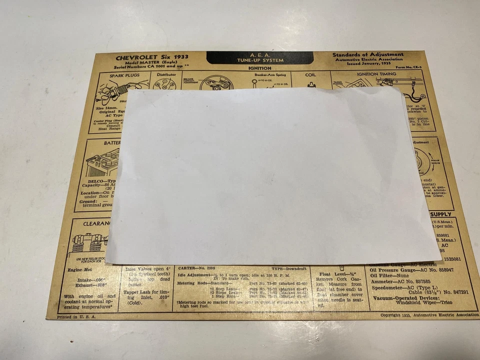 Placa 1933 Chevrolet Six Model Master Eagle AEA Tune Up System - Imagem 1 de 1