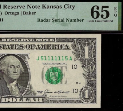 1985 $1 Federal Reserve Note PMG 65EPQ gem super radar serial number 51111115 - Image 1 of 3