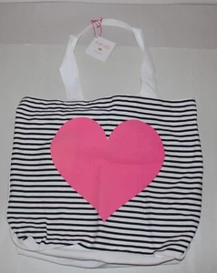 Ban.do Canvas Tote Bag With Pink Heart + Black Stripes 17" x 15" Double Handles - Picture 1 of 11