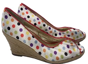 Steve Madden 8.5 Majic Polka Dot White Satin Espadrille Wedge Rainbow MultiColor - Picture 1 of 24
