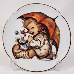 Collectible Hummel Umbrella Girl 6" Porcelain Plate Gold Rim Germany - Picture 1 of 10