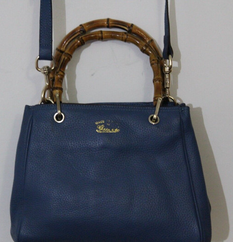 GUCCI GG Autentica Bambù Piccola Shopper 2 Vie Tracolla Borsa a Mano Pelle Blu