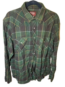 Wrangler Mens Large Green Plaid Western Button Up Pearl Snap Pocket Shirt XL - Picture 1 of 3
