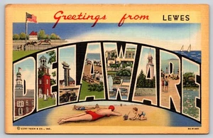 Postcard Greetings from Lewes Delaware Large Letter Linen 9A-H1481 - Picture 1 of 2