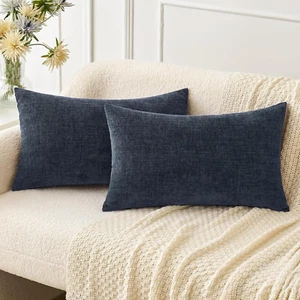 Pack of 2 Couch Throw Pillow Covers 12X20 Inch Soft Navy Blue Chenille Pillow Co - Picture 1 of 12