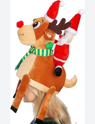 Christmas Party Funny Reindeer Hat Rudolph Cap With Santa Claus  - Image 1 of 4