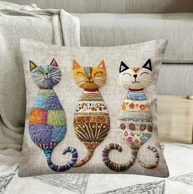 SET OF 2 - 18” 3 SOFT Cat Trio Pillowcase Farmhouse Sofa Pillow Beige Cats - Image 1 of 4