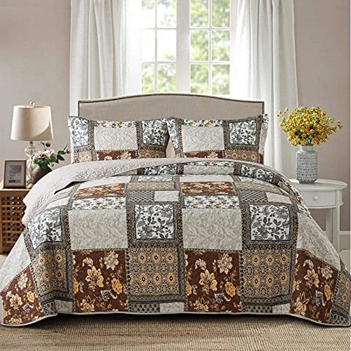 NEWLAKE Cotton Bedspread Quilt Sets-Reversible Patchwork Coverlet Set Chic F...