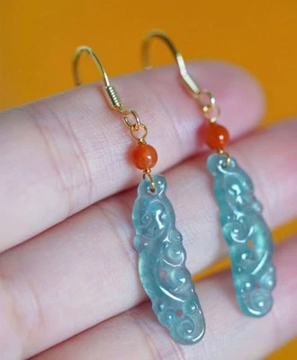 PENDIENTES JADEÍTA DE AGUA AZUL JADE CON CUENTAS ROJAS PEQUEÑAS Foto 1 de 4